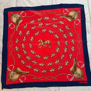 Vintage Celine Silk Scarf with Blue and Red Equestrian Theme 26” x 26” with COA